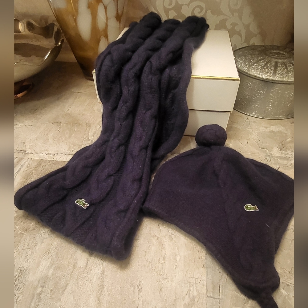 Lacoste Dark Purple Cable Knit Imfinity Scarf and Hat Set